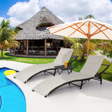 PayLessHere Patio Chaise Lounge Set of 3 Adjustable Back Outdoor Lounge Chair Folding Wicker Recliner Chair 2 Pieces Outside Chairs with Folding Table and Khaki Cushioned for Poolside Deck Lawn Beach PayLessHere