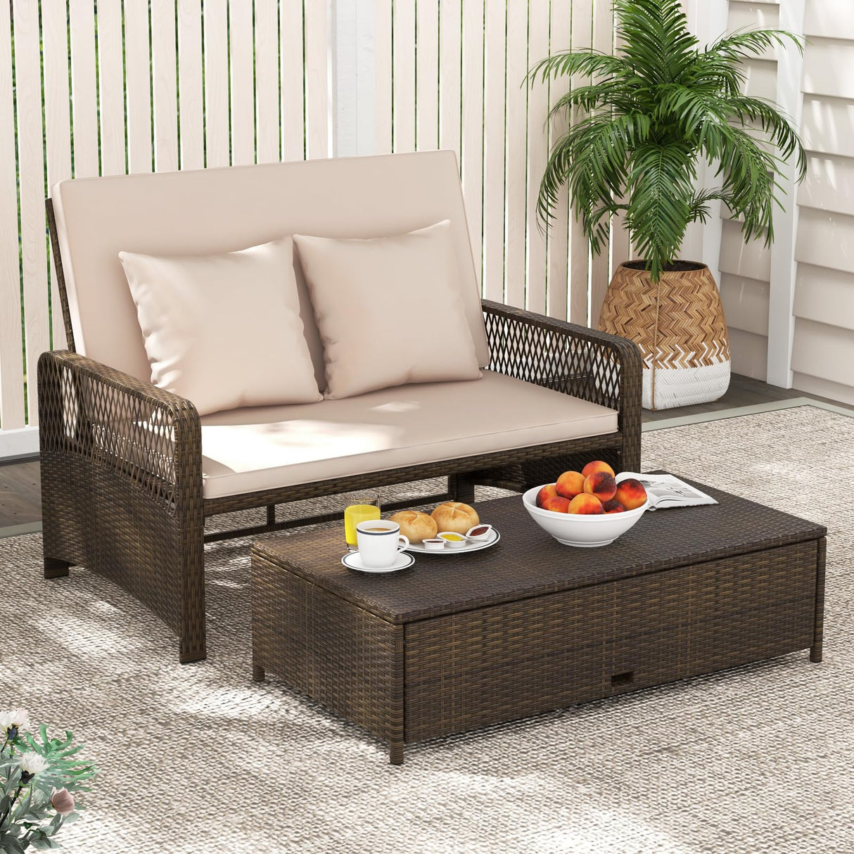 Tangkula Patio Adjustable Wicker Daybed, Rattan Loveseat & Storage Ottoman w/ 4-Level Backrest & Soft Cushions, Space-Saving 2-Person Sun Lounger for Backyard, Porch (Beige) Tangkula