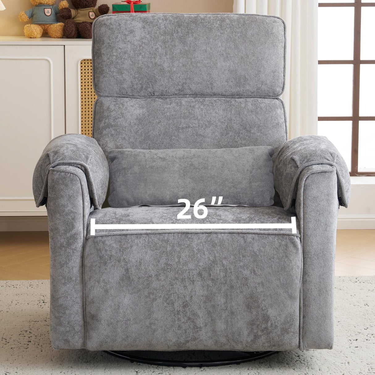 Rhevoy Oversized Power Recliner Chair, 26" Extra Wide Swivel Rocker Recliner with Adjustable Headrest, Chenille Glider Rocking Nursery Chair with Overstuffed Armrest, USB Ports, Grey Rhevoy