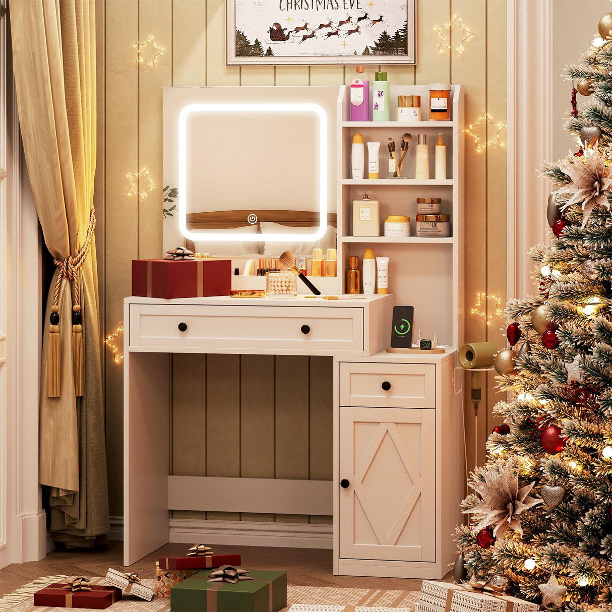 Vabches 35" Vanity Desk with Mirror and Lights, Farmhouse Makeup Vanity with Drawers & Power Outlet, Vanity Table with 3 Color Modes, Vanity Desk for Bedroom, White Vabches