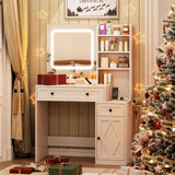 Vabches 35" Vanity Desk with Mirror and Lights, Farmhouse Makeup Vanity with Drawers & Power Outlet, Vanity Table with 3 Color Modes, Vanity Desk for Bedroom, White Vabches