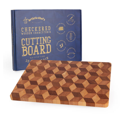 Handmade 3D Checkered Cutting Board with Feet - End Grain Wooden Chopping Board Butcher Block - Large Wood Serving Board Charcuterie Platter Made - WoodArtSupply