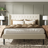 Queen Size Bed Frame, Upholstered Platform Bed with Wingback Headboard, Velvet Button Tufted, Easy Assembly, No Box Spring Needed, Beige HAOARA