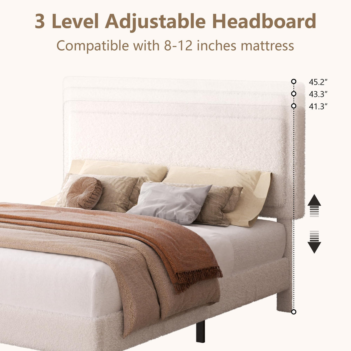 viplov King Size Bed Frame and Headboard, Upholstered Platform Bed with Adjustable Headboard, Soft Boucle Fabric, Modern Style, No Box Spring Required, Easy Assembly, Off-White viplov