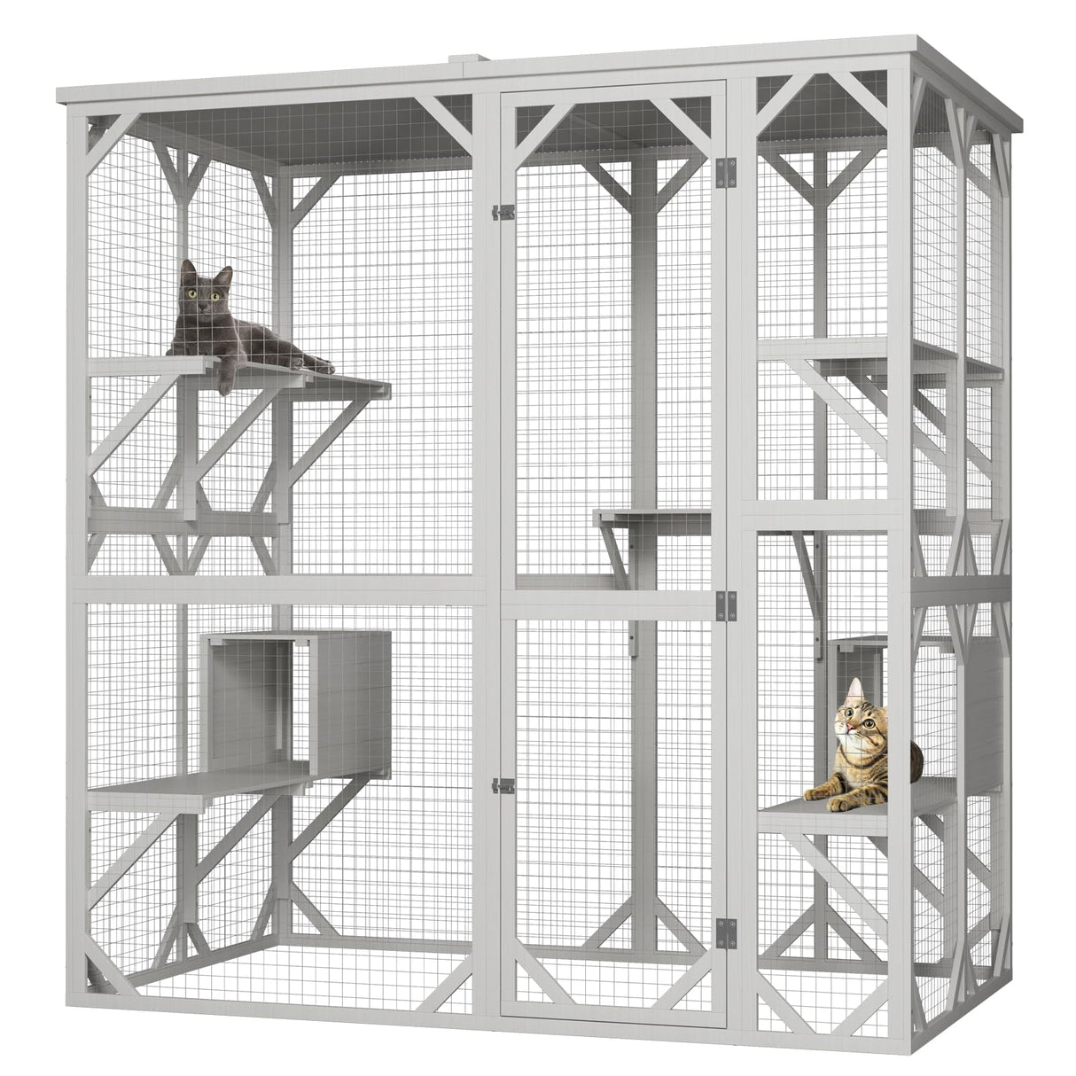 ROOMTEC Outdoor Catio with Roof 71.3" Height Large Wooden Cat Enclosure with 3 Jumping Platforms and 2 Napping Houses Cat Cage for Cat Activity (White) ROOMTEC