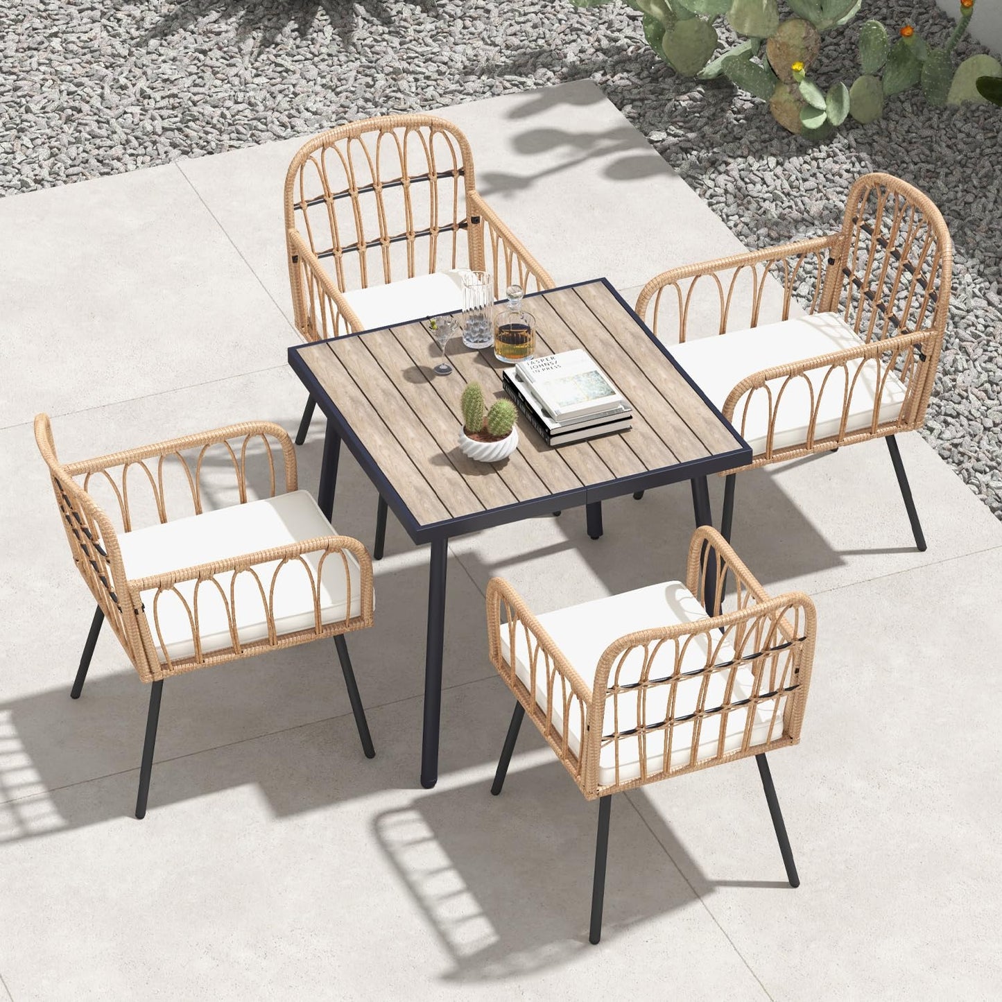 5-Piece LYNSLIM Outdoor Rattan Dining Set with Cushions - Stylish Table and 4 Wicker Chairs for Patio, Poolside, Balcony - WoodArtSupply