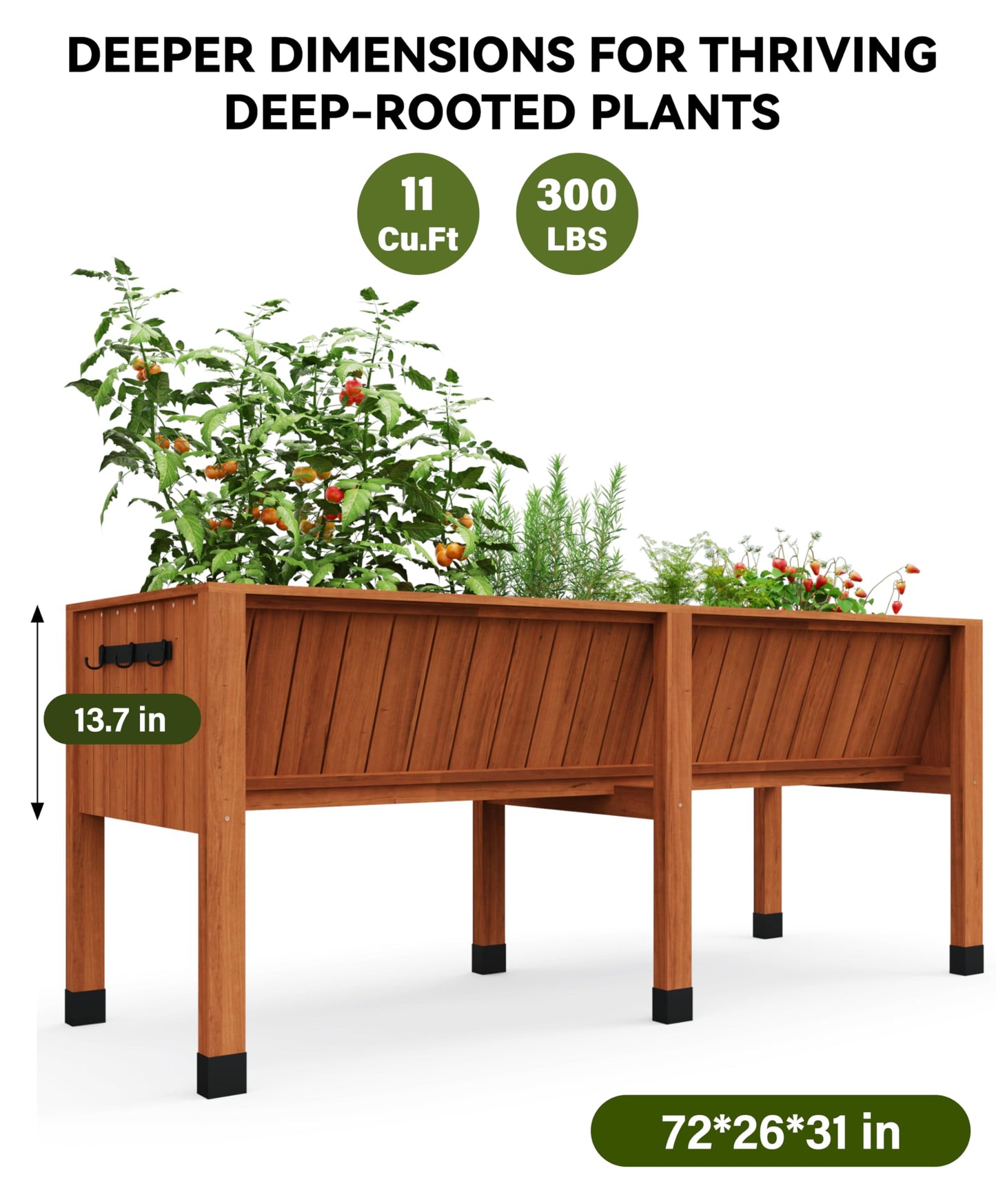 VORTEXTOVE 72x26x30in Raised Garden Bed with Legs-Wooden Elevated Raised Garden Beds Outdoor for Growing Vegetables and Herbs-Big Sturdy Standing Garden Bed Planter Box-Enhanced Depth,Acorn Brown