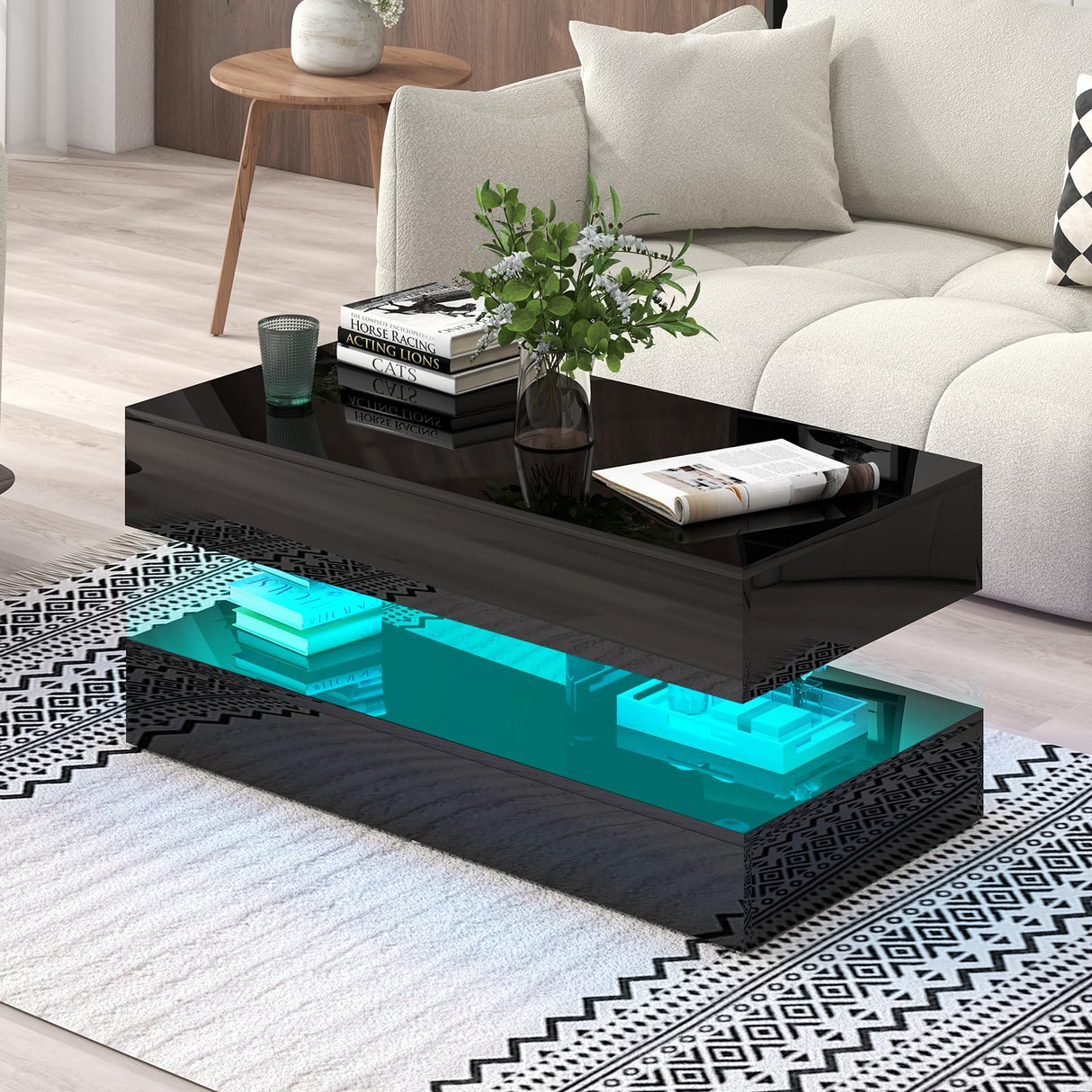 Verano Garden Modern High Gloss LED Coffee Table with Storage, 2-Tier Center Table with Open Display Shelf & 2 Sliding Drawers, Rectangle Coffee Tables for Living Room, Bedroom Verano Garden