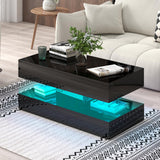 Verano Garden Modern High Gloss LED Coffee Table with Storage, 2-Tier Center Table with Open Display Shelf & 2 Sliding Drawers, Rectangle Coffee Tables for Living Room, Bedroom Verano Garden