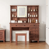 Vanity Desk with HD Mirror, LED Lights and Charging Station, Farmhouse Makeup Table with 2 Drawers and Cushioned Stool Dressing Table Shelves and Side Organizer for Bedroom Dressing Room, Brown GarveeHome