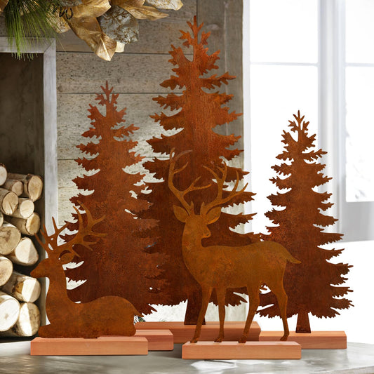 Set of 5 Metal Christmas Pine Tree and Elk Tabletop Decor, Rusty Steel Vintage Evergreen Tree Table Centerpieces - Farmhouse Xmas Holiday Decoration for Room Fireplace Shelf