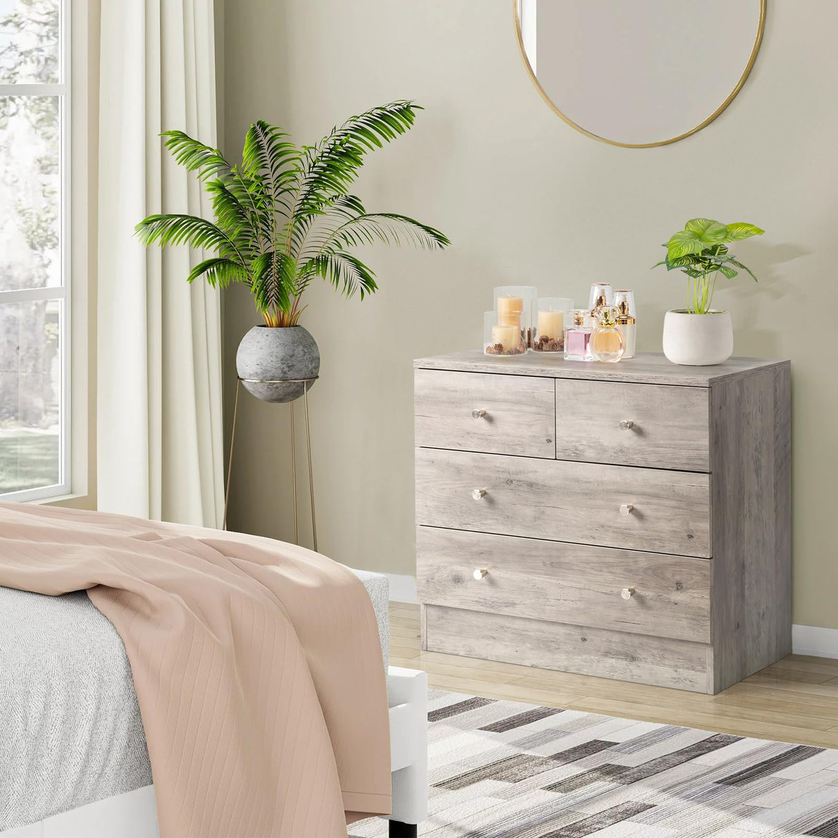 Karl home Grey 4 Drawer Dresser for Bedroom, Modern Wood Dresser Chest of Drawers, Rustic Bedroom Dressers Nightstand, Anti-Tipping Device, Rose Gold Metal Handle, Living Room, Hallway, Office Karl home