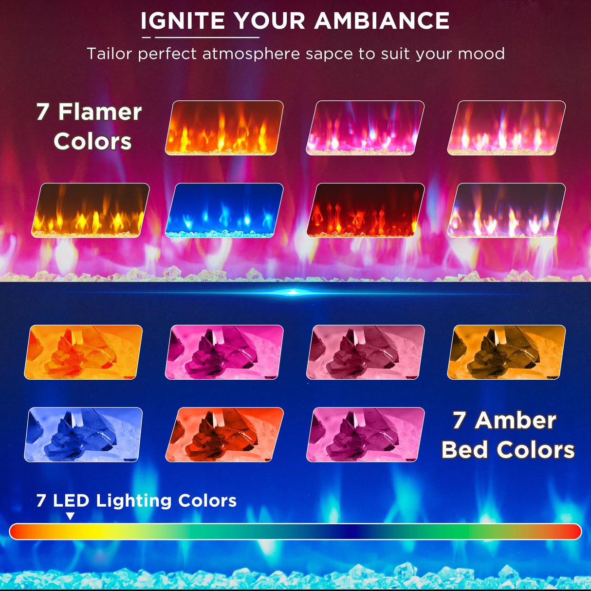 JXQTLINGMU Fireplace TV Stand for 80 Inch TV, Farmhouse Highboy Entertainment Center w/LED Lights & 36" Electric Fireplace, Large Media Console w/Glass Door Cabinet & Storage Drawer, White JXQTLINGMU