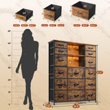 EnHomee 15 Drawer Dresser for Bedroom with Hutch 51" H Tall Dressers with Charging Station & LED Lights Sturdy Fabric Bedroom Dresser,Steel Frame, Wood Top, Rustic Brown, 51.2" H x 39.3" W x 11.8" D EnHomee