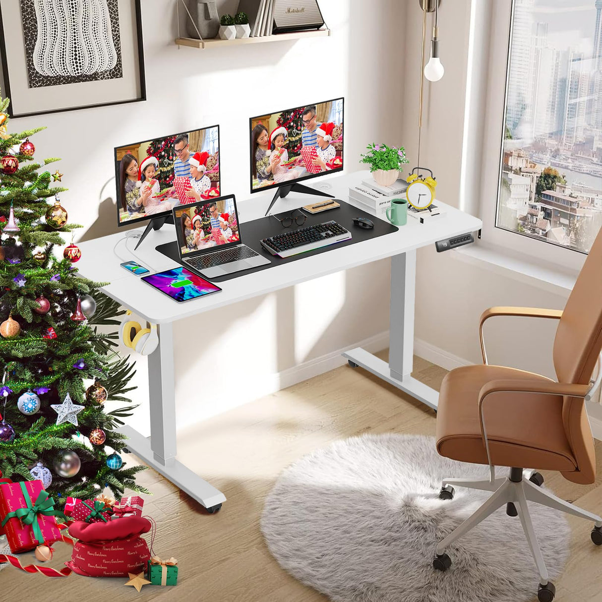 farexon Electric Standing Desk Adjustable Height, 48x24 Inches Stand Up Desk with 4 Preset Heights, Lockable Casters, Double Hooks,27.5''-46.5'' Lifting Range Home Office Computer Desk（White） farexon