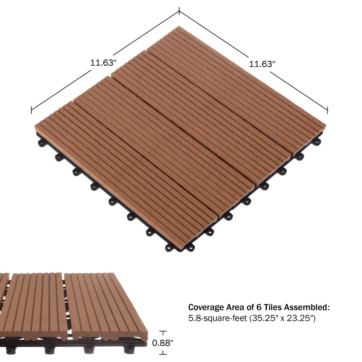 Interlocking Deck Tiles - 6-Pack 11.6-in Wood Plastic Composite All-Weather Outdoor Flooring Balcony Poolside or Patio by Pure Garden (Brown) Pure Garden