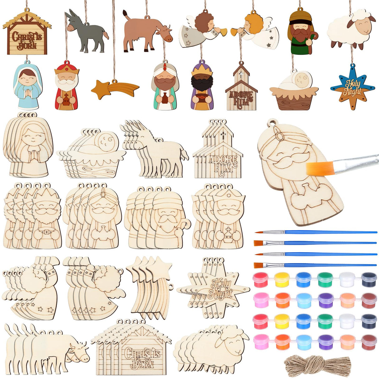 Cinnvoice 60 Pcs Wood Christmas Crafts for Adults DIY Paint Xmas Ornaments Blank Unfinished Wooden Cutouts Shapes Slices Hanging Embellishment for Christmas Tree Holiday Party Decor(Jesus Nativity) Cinnvoice