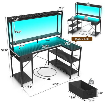 Seventable Gaming Desk with LED Light & Power Outlets, 47 inch Computer Desk with Shelves, Reversible L Shaped Desk with Monitor Stand, Corner Desk for Small Space, Carbon Fiber Black - WoodArtSupply