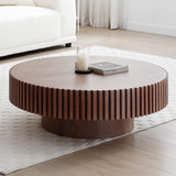39.37" Round Wood Coffee Table, Modern Unique Circle Coffee Table, Contemporary Oak Drum Fluted Coffee Table Accent Side Table Center Table for Living Room, Office, Apartment, Walnut SLEERWAY