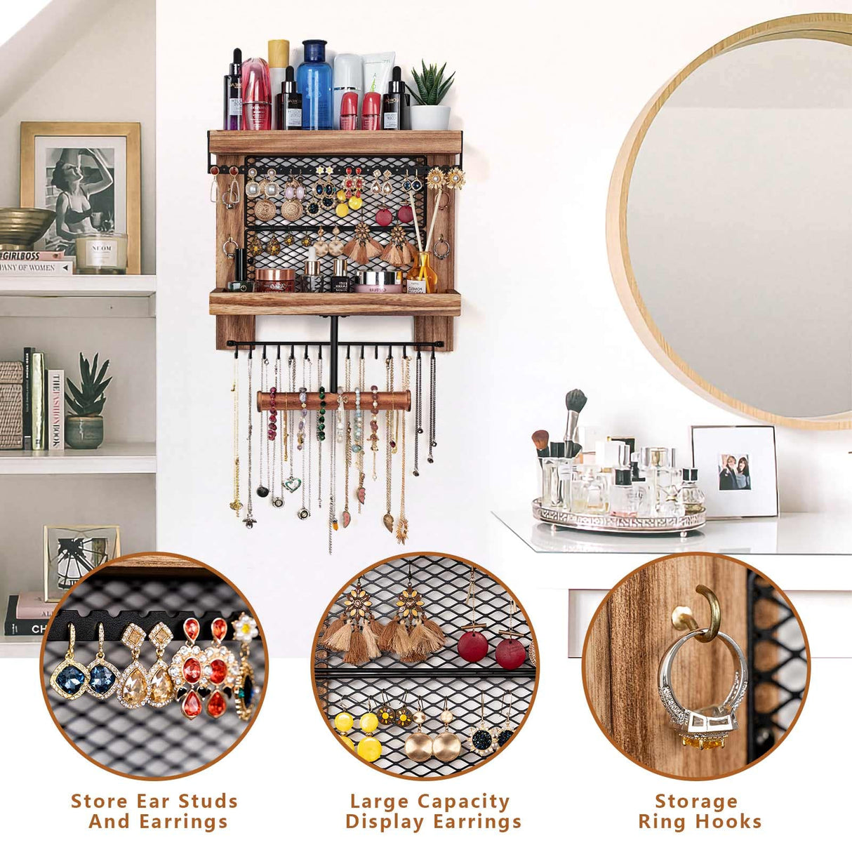 Pinzoveco Hanging Jewelry Organizer Wall Mounted With Wall Jewelry Organizer Holder For Necklaces Bracelet Earrings Ring (Rustic Wood) Pinzoveco