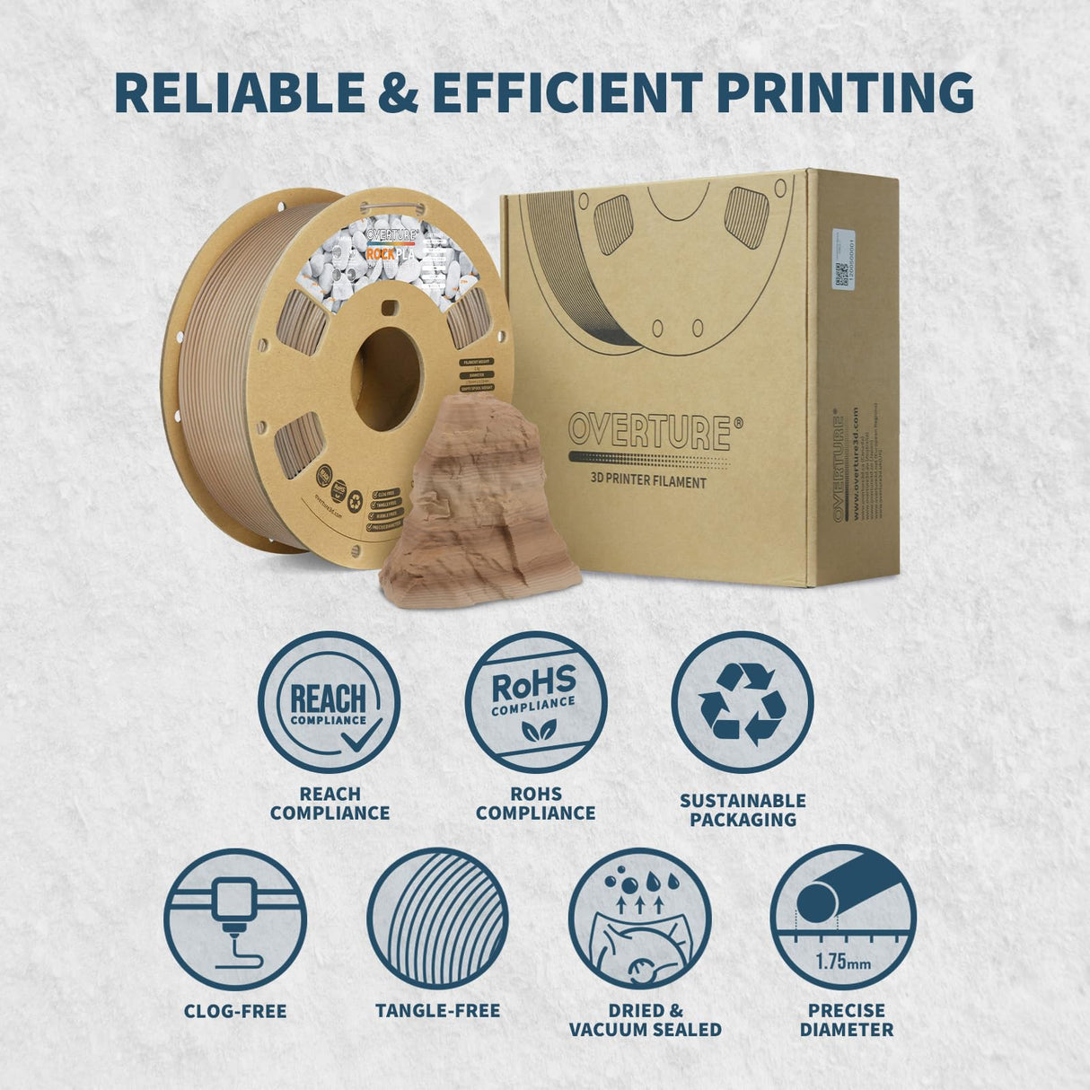 OVERTURE Rock PLA Filament 1.75mm, Marble PLA 3D Printer Filament 1kg Spool (2.2lbs), Dimensional Accuracy +/- 0.02 mm, Fit Most FDM Printer (Sedimentary Rock) OVERTURE