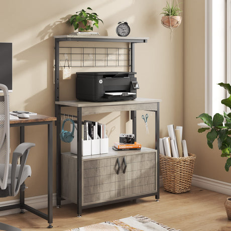Bestier Adjustable Height Microwave Stand with Storage Cabinet and Wheels - Industrial Coffee Bar Shelf in Grey Wash Bestier