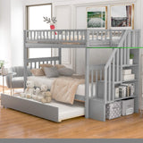 Merax Twin Over Twin Bunk Bed with Trundle, Storage Staircase and Full Length Guardrail, Solid Wood Stairway Bunk Bed, No Spring Box Needed (Grey) Merax