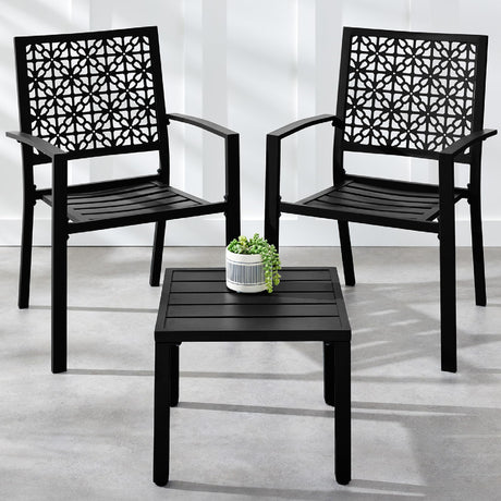 Best Choice Products 3-Piece Outdoor Bistro Set, Stackable Modern Steel Furniture for Porch, Garden w/ 2 Chairs, Table, Geometric Decor - Black Best Choice Products