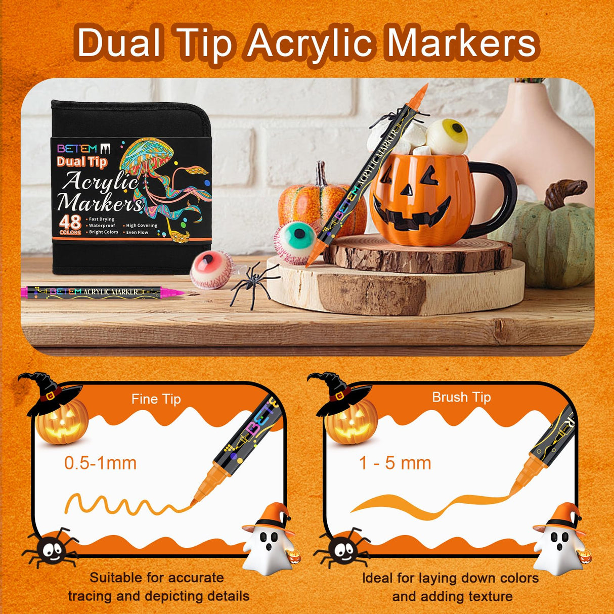 Betem 48 Colors Paint Markers Acrylic Paint Pens, Dual Tip with Brush Tip and Fine Tip, Art Supplies for Rock Painting, Wood, Canvas, Stone, Glass, Ceramic, DIY Crafts Making Drawing Kit with Bag Betem