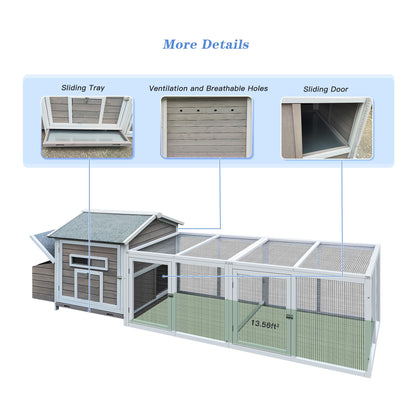 ZMAD Large Chicken Coop Outdoor,Chicken Coop 6-8 Chickens,Chicken Nesting Box, Pull Out Trays and Anti-Slip Asphalt Ramp (Gray, 118)