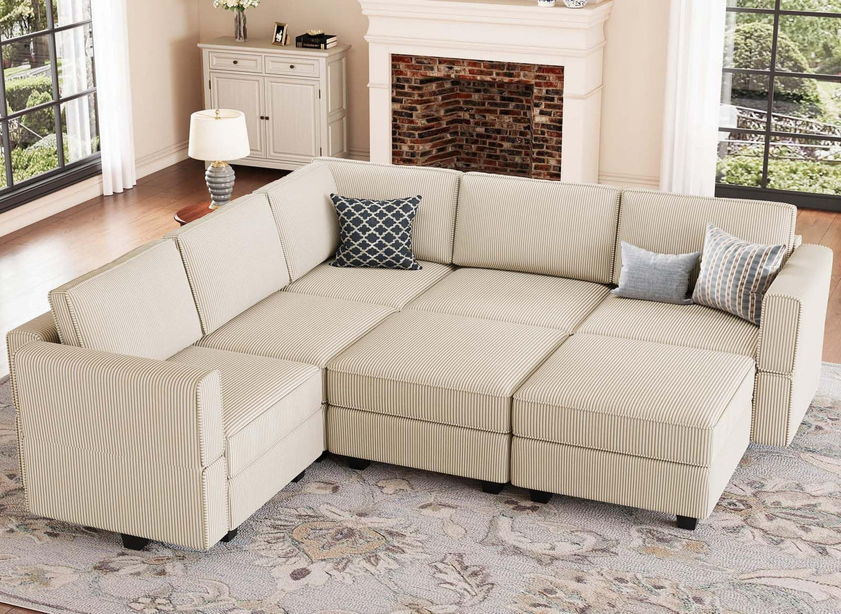 Belffin Modular Sectional Sofa with Storage Ottoman Seats, Corduroy Oversized Convertible Modular Sofa Bed Sectional Couch for Living Room, Beige Belffin