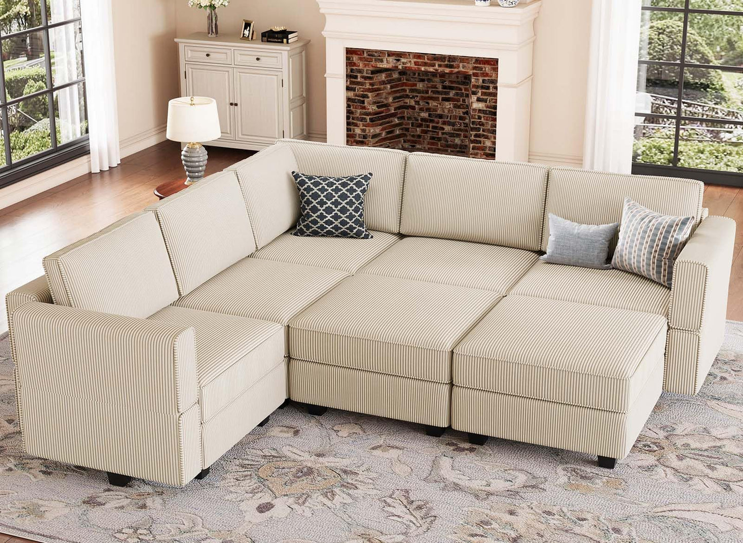 Belffin Modular Sectional Sofa with Storage Ottoman Seats, Corduroy Oversized Convertible Modular Sofa Bed Sectional Couch for Living Room, Beige