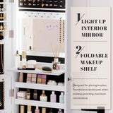 Vlsrka 47.2" LED Jewelry Mirror Cabinet, Wall/Door Mounted Jewelry Armoire Organizer with Full-Length Mirror, Large Capacity Storage Hanging Cabinet, 4 Drawers, 5 Shelves, Built-in Lighted Mirror Vlsrka