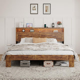 FSTAR King Size Wooden Bed Frame with Headboard, Farmhouse Bedframe with Charging Station & Led Lights, Heavy Duty Metal Slats, Noise Free, No Box Spring Needed, Dark Brown FSTAR