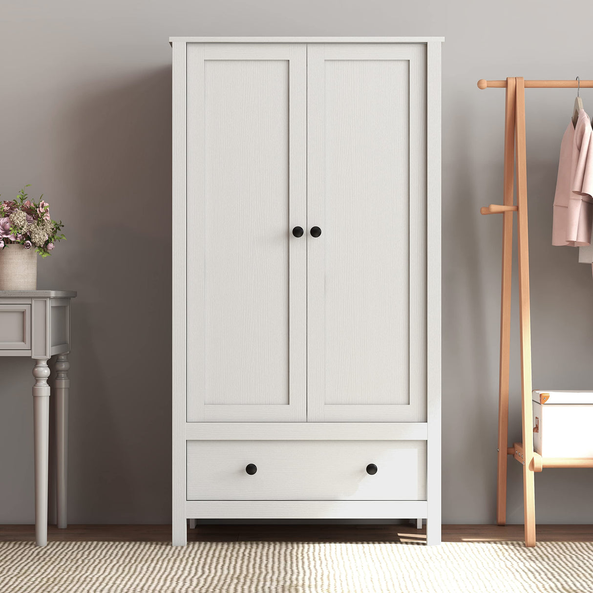 Panana 2 Door Wardrobe, Armoire with Drawer for Bedroom (White) Panana