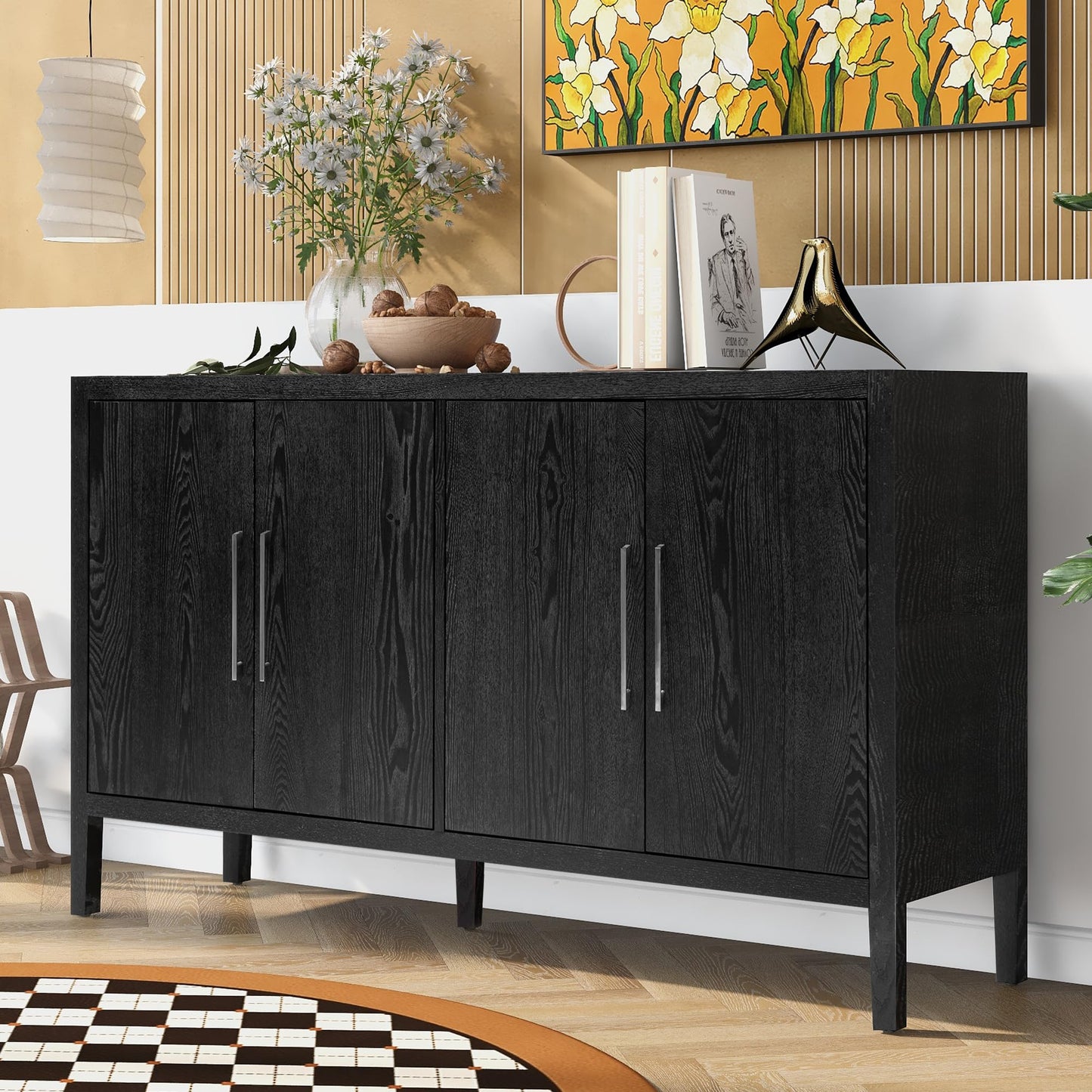 LUMISOL Kitchen Sideboard Buffet Cabinet for Storage with 4 Doors Solid Wood Sideboard Cabinet for Hallway Entryway with Wood Grain Design Farmhouse - WoodArtSupply