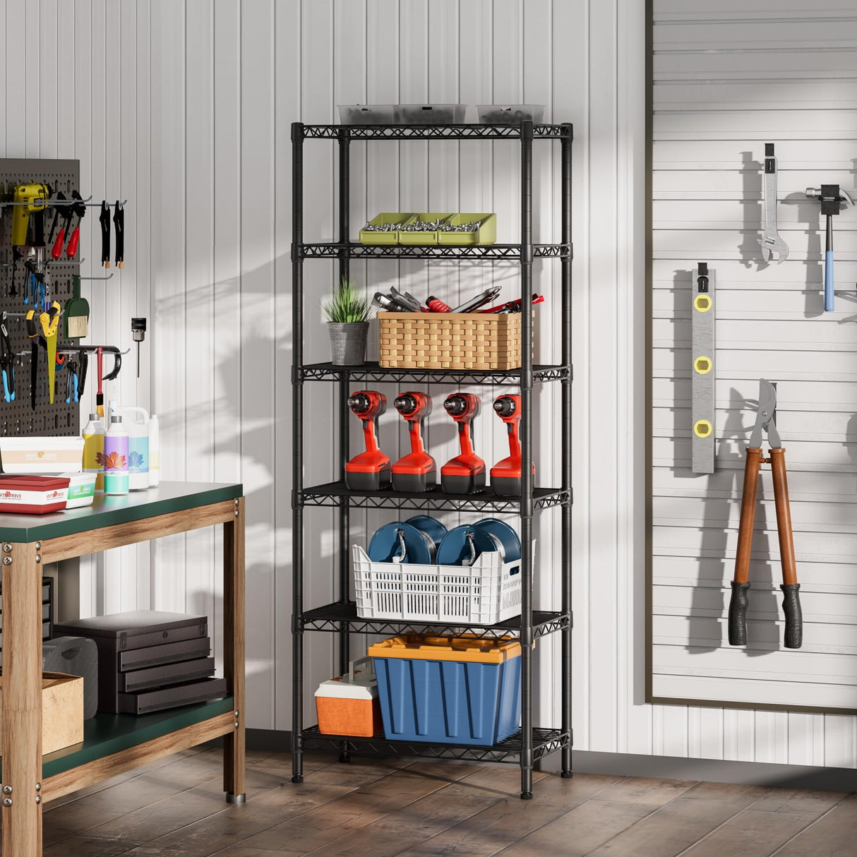 SINGAYE 6 Garage Heavy Duty Shelving Unit Kitchen Pantry Close Home Organizers and Storage Bathroom Shelf Laundry Room Organization Industrial Book Metal Wire Adjustable Shelves SINGAYE