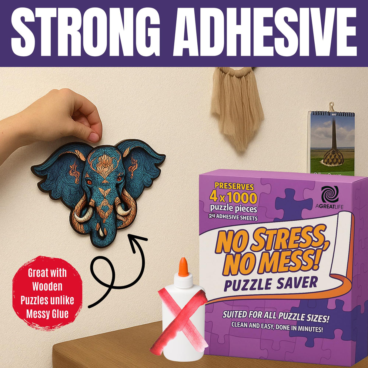 AGREATLIFE 24 Adhesive Puzzle Saver Sheets - Preserve 4 x 1000 Pieces Jigsaw Puzzles - No Stress No Mess - Puzzle Glue Sheets Peel and Stick (24 Sheets with 8 Adhesive Hangers) AGREATLIFE