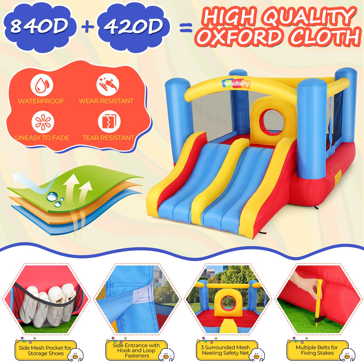 Whubefy Bounce House, Inflatable Bounce House for Kids 3-6 Big Kids 8-12, Indoor/Outdoor Double Slide Obstacle Bouncer with Blower, 12 x 9FT Jumping Castle with Center Hoop for Family Backyard Wesoky
