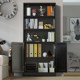 holzart 75" Tall Bookcase with Doors, 5 Tier Large Bookshelf with Cabinet, Standing Wood Display Book Shelf for Living Room, Office, Library with Doors, Black holzart
