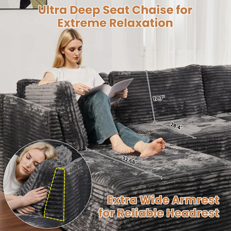 ovios Modular Sectional Sofa Couch with L-Shape Chaise Ottoman, Comfy Plush Corduroy Cloud Couches, Modern Deep Seat Sofas Set for Living Room, 5-Seater, Grey ovios