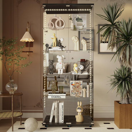 5-Shelf Glass Display Cabinet with Lights Strip and Mirror Back Panel, 2 Lock Door Curio Cabinets Collectibles Display Case, Floor Standing Glass Bookshelf for Living Room Bedroom Office, Black TehRecBT