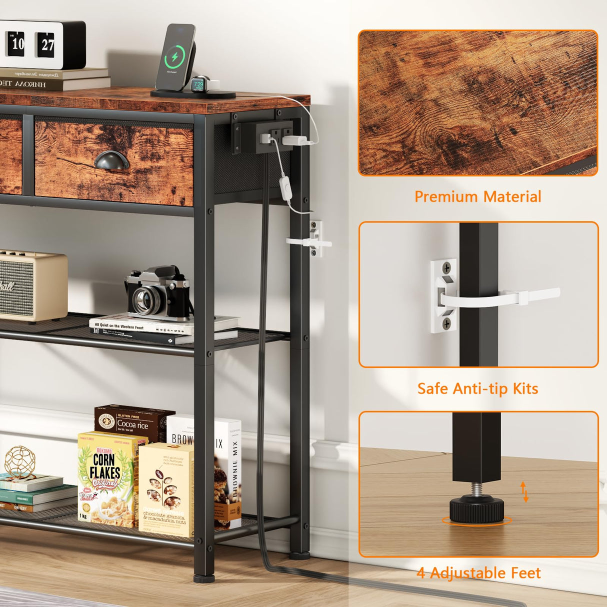 Furologee Console Table with Charging Station & 3 Fabric Drawers, 38'' Entryway Table with Storage Shelves and LED Light, Industrial Foyer Table for Entry Way, Display Shelf for Hallway, Rustic Brown Furologee