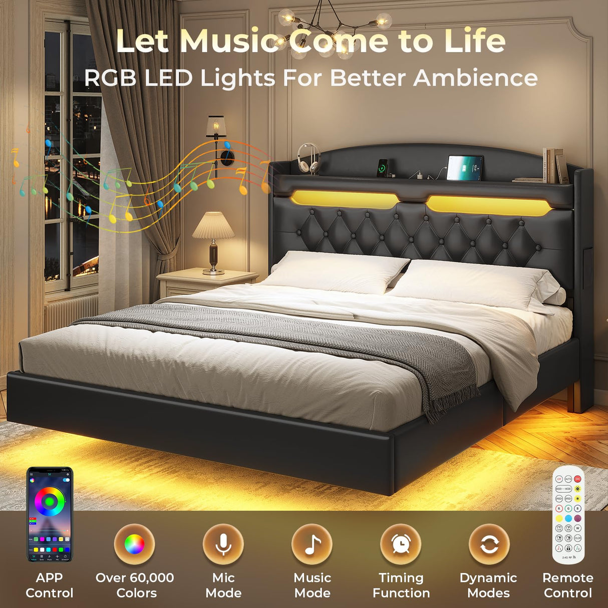 Modern ADORNEVE Floating Full Bed Frame with LED Lights, Hidden Storage & Charging Station ADORNEVE