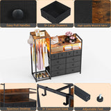 HPWLYO 10 Fabric Drawers Dresser with LED Light,Black Dresser for Bedroom with Clothes Rack, Tall Storage Chest of Drawers, Dressers & Chests of Drawers, Wooden Top, Bedroom, Closet Upgraded HPWLYO