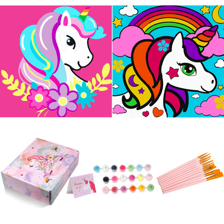 AUGVO Paint by Numbers for Kids, 2 Pcs Paint by Numbers for Kids Ages 4-8 Beginner, for Unicorn DIY Oil Painting Framed Canvas, 8 x 8” Pre Drawn Canvas, Christmas Gift for Kids AUGVO