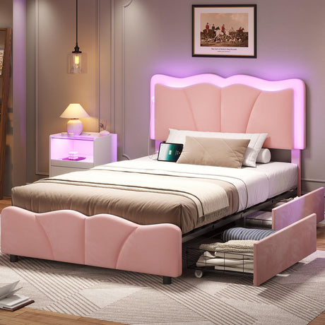 MSmask Twin Bed Frames with 4 Storage Drawers and LED Lights, Velvet Upholstered Platform Bed Frame with Height Adjustable Headboard, LED Bed Frame with Type C & USB, No Box Spring Needed, Pink MSmask