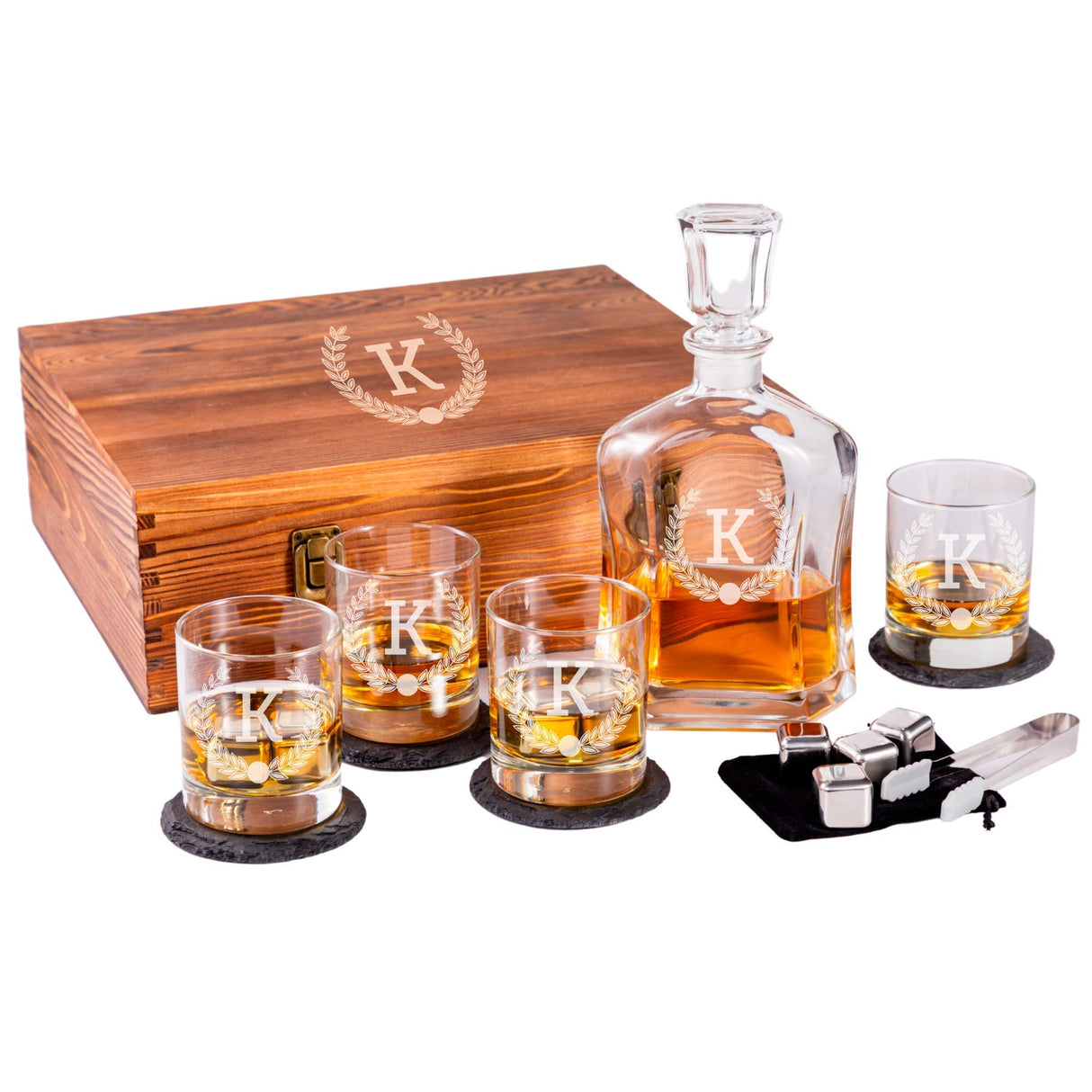Engraved Liquor Whiskey Decanter Set with Scotch Glasses for Men - 9 Design Options - Personalized Gift Set for Him, Dad - Premium Set Includes Whiskey Stones - Christmas, Valentines - by Froolu Froolu