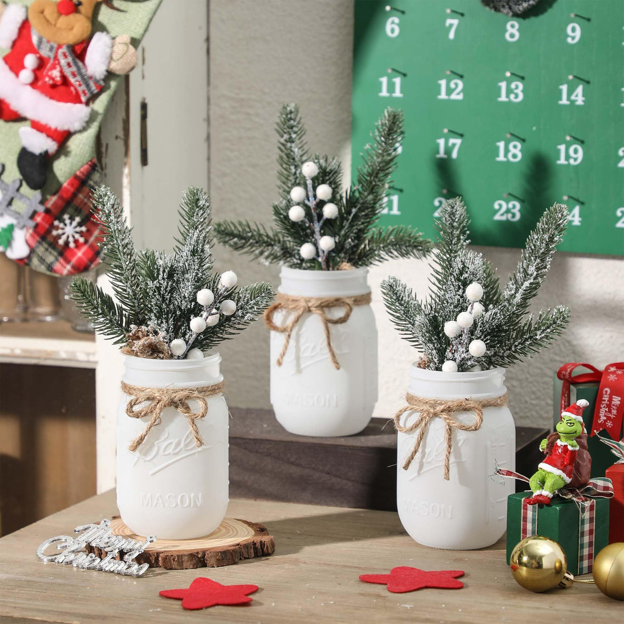 SUPREME LIGHTS ·2017· Christmas Mason Jars, Winter White Mason Jars, Christmas Centerpieces for Home Table Decor, Wood Tray & 3 Decorative Jars, Winter Farmhouse Dining Table Centerpieces Decoration SUPREME LIGHTS ·2017·