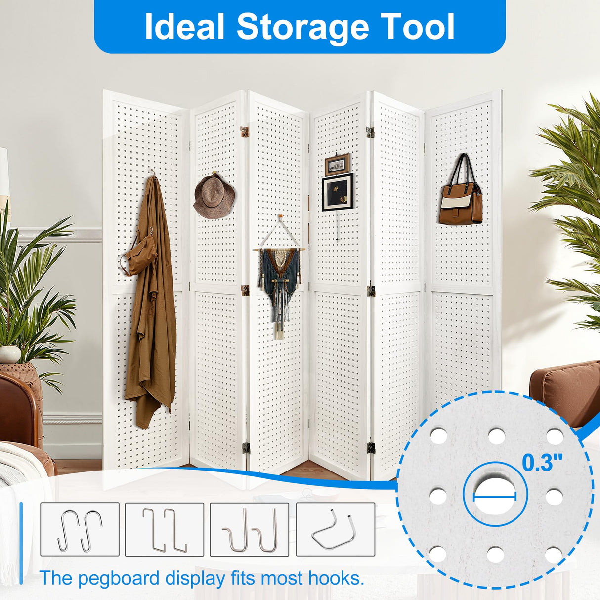 Grungis 6 Panel Room Divider with Pegboard Display 5.6FT Wood PegBoard Room Dividers, Folding Privacy Screens Portable Freestanding Partition Wall Divider for Art Shows & Room Separation, White Grungis